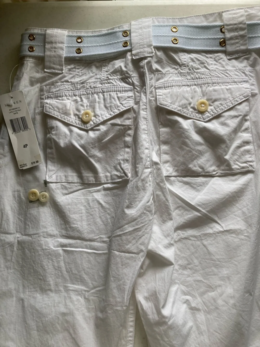 Lauren Ralph Lauren White Cotton Belted Crop Pants with Gold D-Ring - Picture 9 of 11
